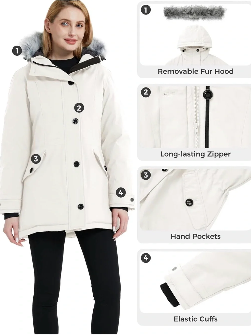Insulated OFF ROAD White Ski Parka with Faux-Fur Trim Hood